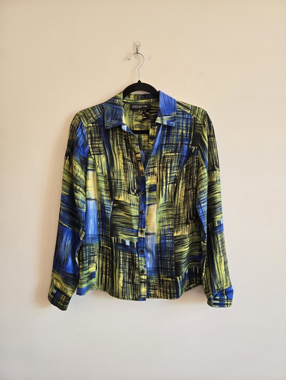 JONES NEW YORK COLLECTION I US 6 (M) Silk Button Down Blouse I lime green blue